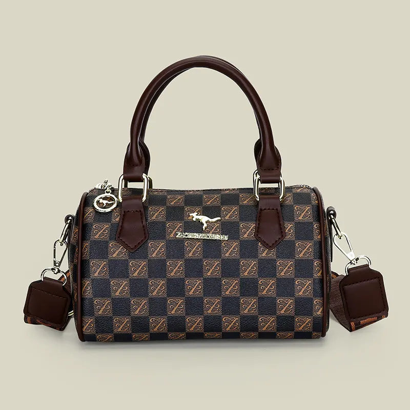Brown checkered pattern Stylish PU Leather Boston Bag - Elegant Retro Single Shoulder Crossbody Handbag for Women