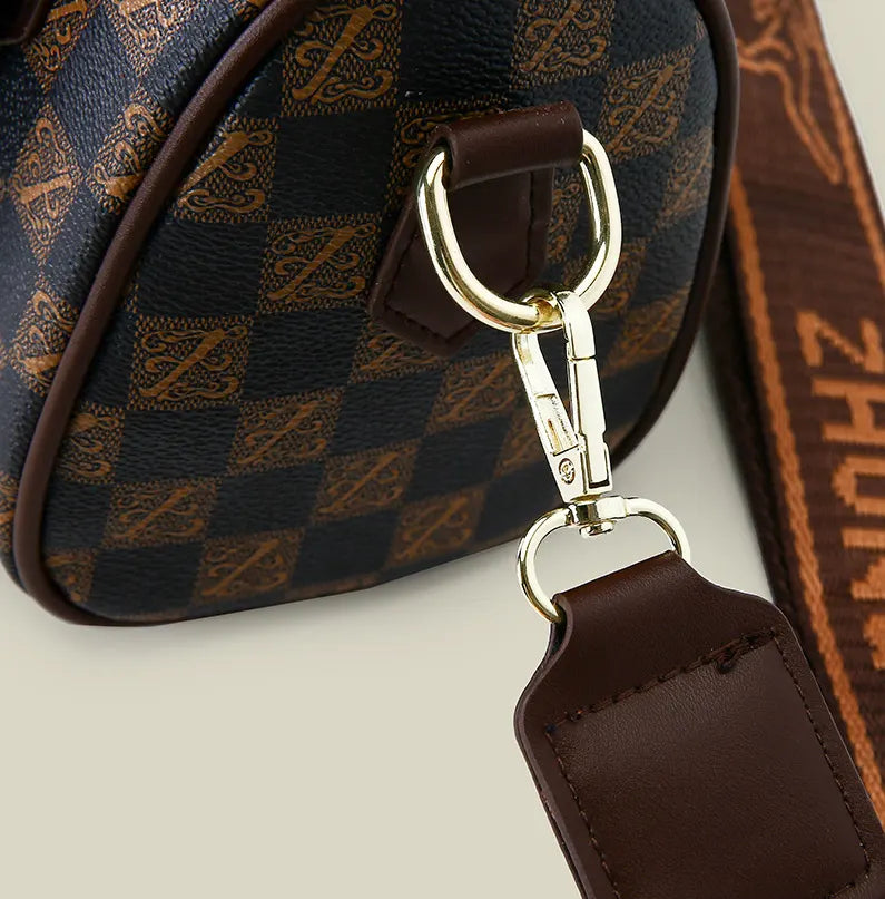 Brown checkered pattern Stylish PU Leather Boston Bag - Elegant Retro Single Shoulder Crossbody Handbag for Women - Image 2