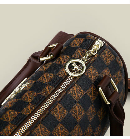Brown checkered pattern Stylish PU Leather Boston Bag - Elegant Retro Single Shoulder Crossbody Handbag for Women - Image 4