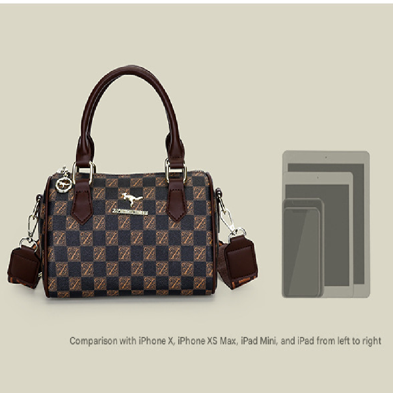 Brown checkered pattern Stylish PU Leather Boston Bag - Elegant Retro Single Shoulder Crossbody Handbag for Women - Image 5
