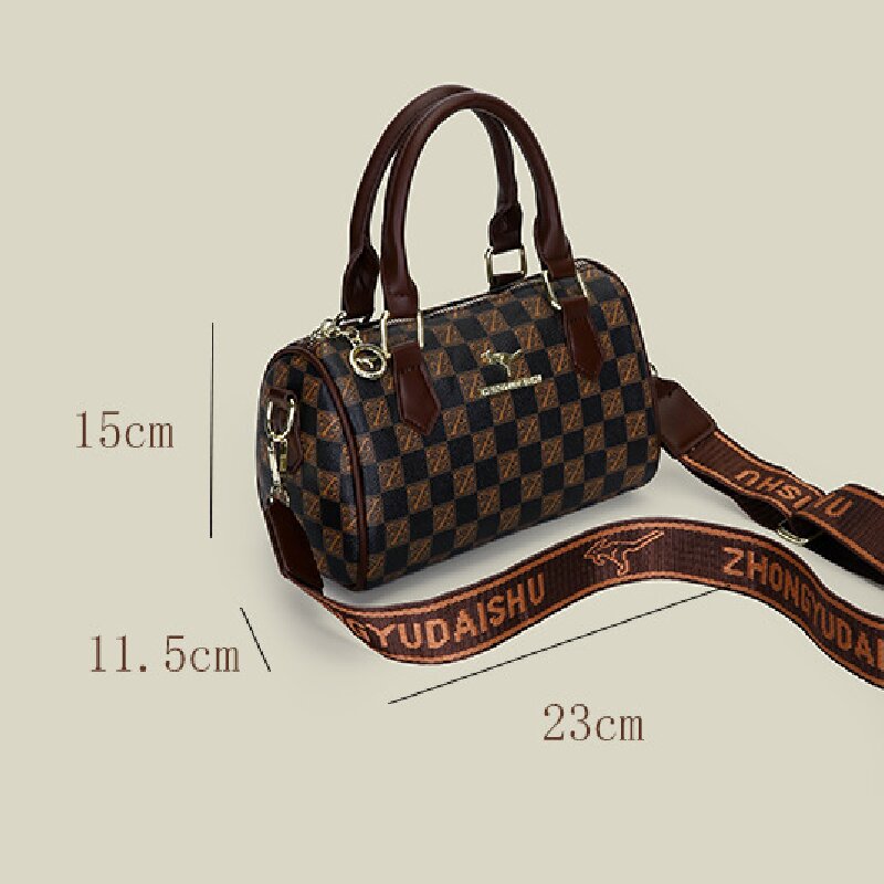 Khaki checkered pattern Stylish PU Leather Boston Bag - Elegant Retro Single Shoulder Crossbody Handbag for Women - Image 6
