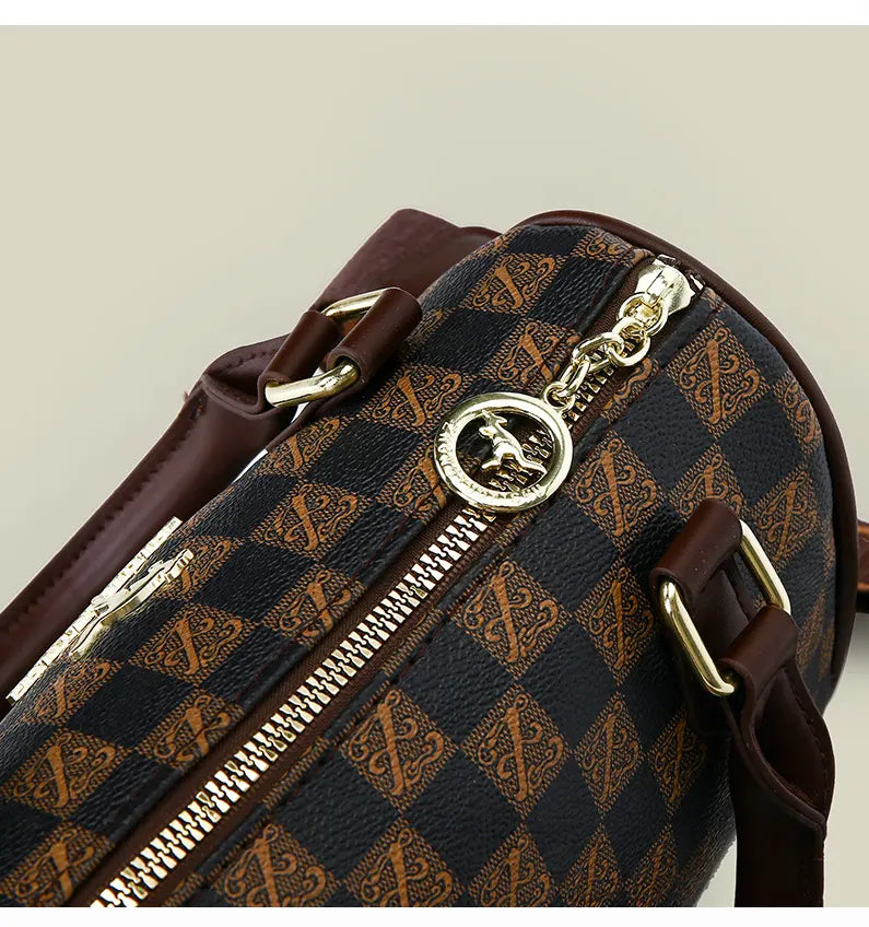 White checkered pattern Stylish PU Leather Boston Bag - Elegant Retro Single Shoulder Crossbody Handbag for Women - Image 4