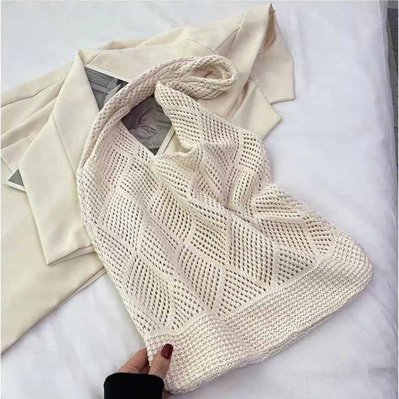 Beige rhombus Bohemian Knit Shoulder Bag - Hand-Woven Crochet Tote for Women