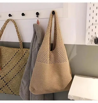 Beige rhombus Bohemian Knit Shoulder Bag - Hand-Woven Crochet Tote for Women - Image 2
