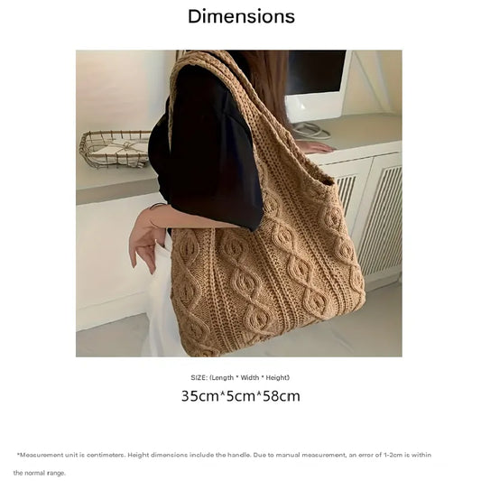 Shallow khaki rhombus Bohemian Knit Shoulder Bag - Hand-Woven Crochet Tote for Women - Image 3