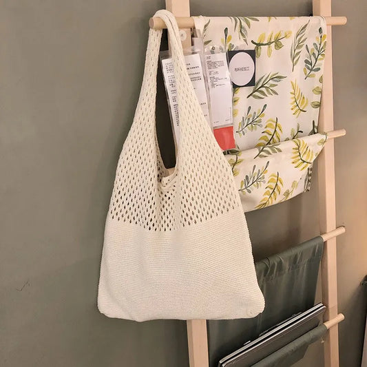 Beige splicing Bohemian Knit Shoulder Bag - Hand-Woven Crochet Tote for Women