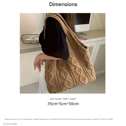 Shallow khaki patchwork Bohemian Knit Shoulder Bag - Hand-Woven Crochet Tote for Women - Image 3