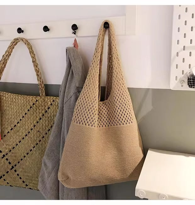 Beige square Bohemian Knit Shoulder Bag - Hand-Woven Crochet Tote for Women - Image 2