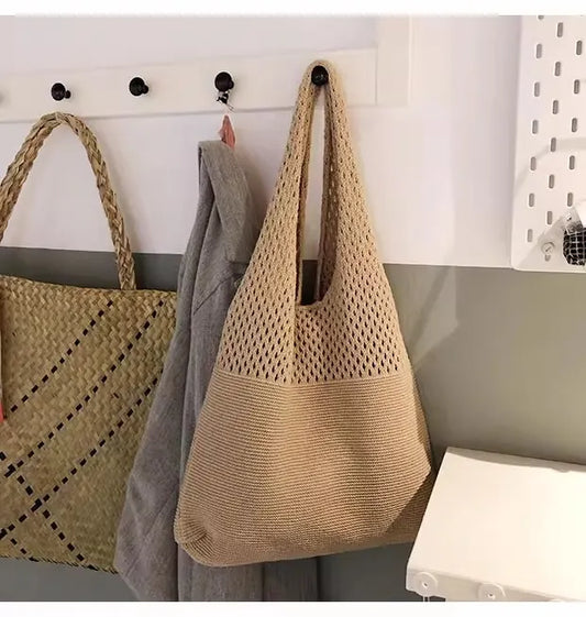 Khaki honeycomb holes Bohemian Knit Shoulder Bag - Hand-Woven Crochet Tote for Women - Image 2