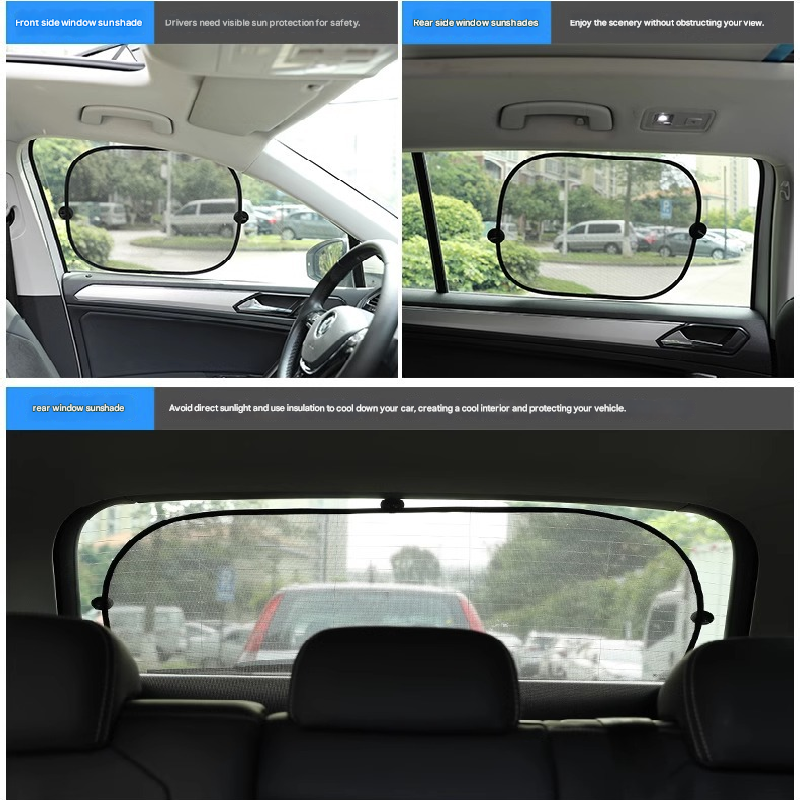 Black Universal Car Window Sun Shade Set - Mesh Fabric UV Protection(One solid rear panel + two angled panels + two solid side panels) - Image 3