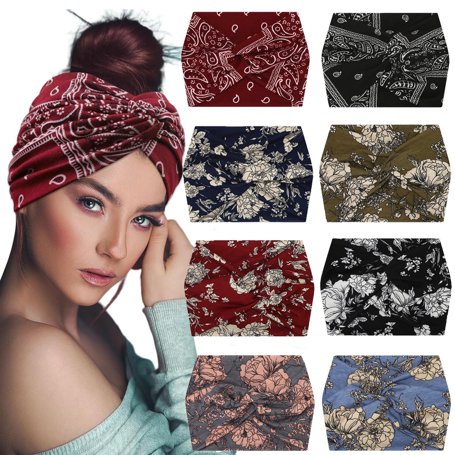 5-PCS White Women's Extra Wide Turban Headband - Elastic Yoga & Sports Hair Wrap - Image 2