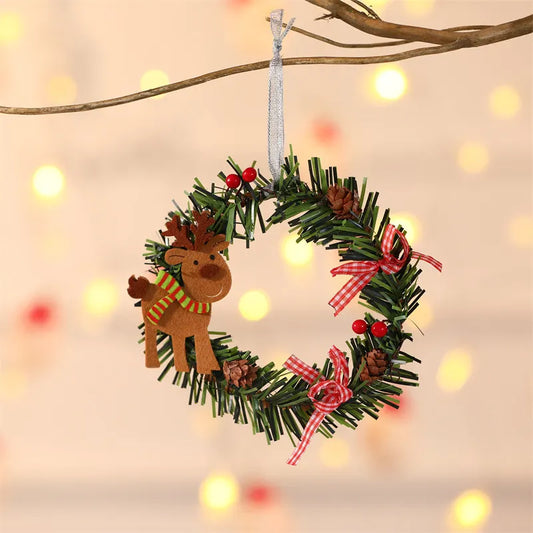 Elk Mini Christmas Wreath Ornaments (11cm) - Festive Santa, Snowman & Reindeer Decor for Doors & Windows