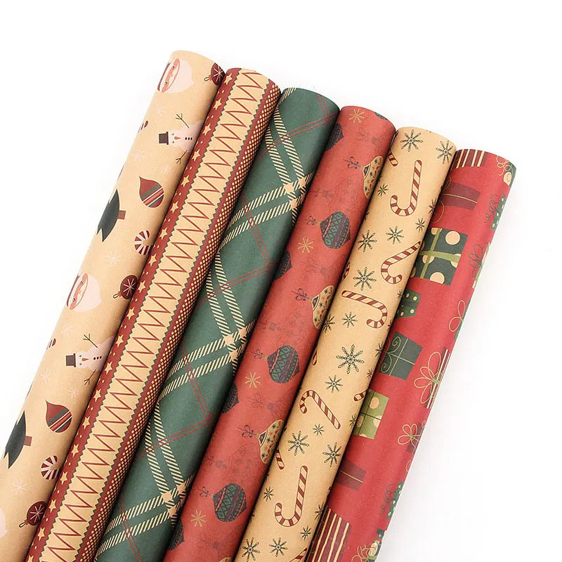 Christmas Gift Wrapping Paper 6-Pack - Vintage Kraft Style for Holiday Presents, 70x100cm