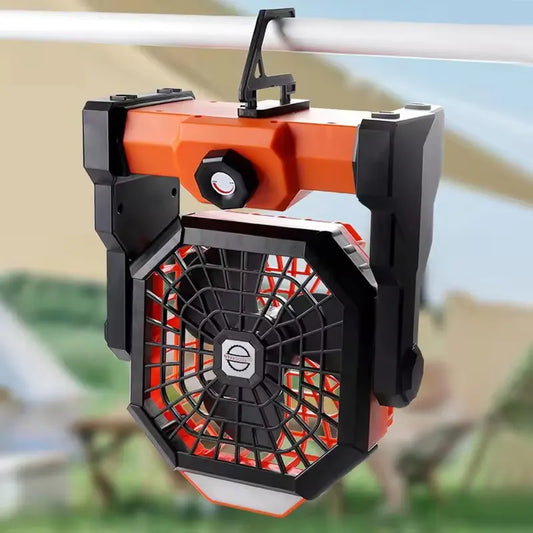 Black and orange Portable Outdoor Camping Fan with LED Light - Rechargeable USB Tent Fan for Australia - Image 2
