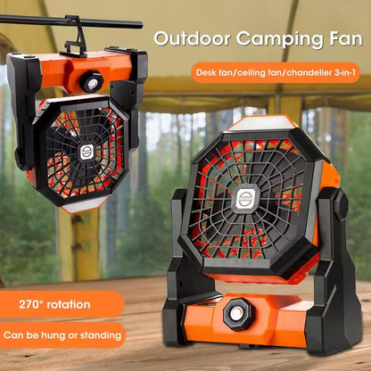 Black and orange Portable Outdoor Camping Fan with LED Light - Rechargeable USB Tent Fan for Australia - Image 5