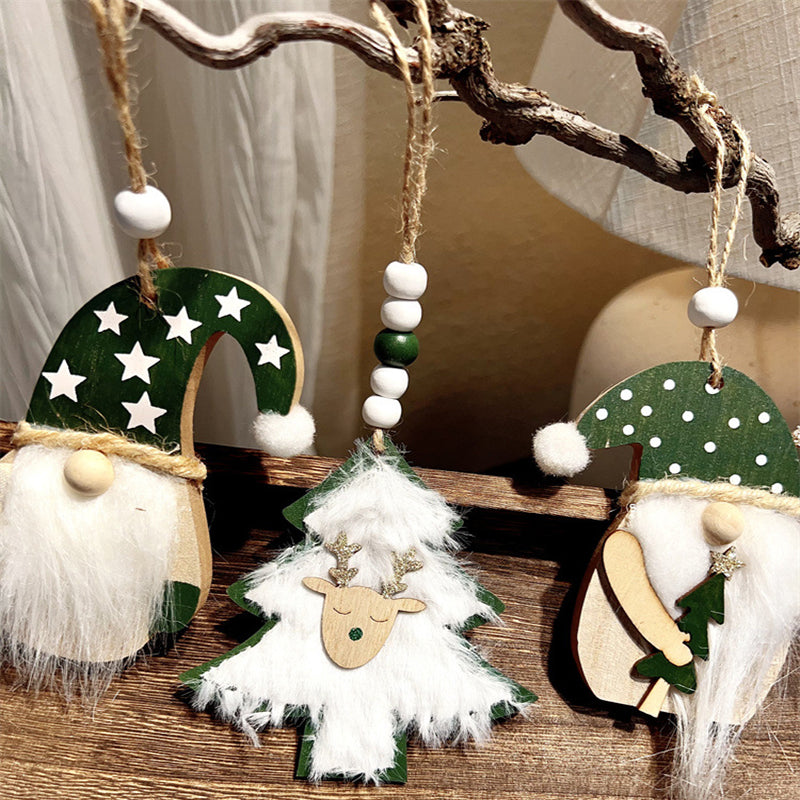 3-PCS The old man with green dots Christmas Ornaments Hanging Pendants Nordic Style Gnomes and Reindeer with Faux Fur and Beads for Xmas Tree Home Party Decoration - Image 3