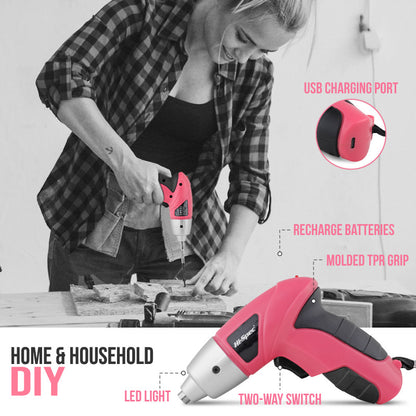 Pink 42 Piece Home Tool Set with 4V Cordless Electric Screwdriver Kit for DIY Repairs and General Household Maintenance Portable Storage Case - Image 4