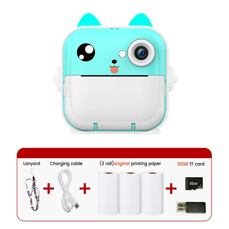 Blue cat Kids Instant Print Camera Zero Ink Digital Video Recorder with 32GB Card and 3 Paper Rolls Portable Rechargeable Toy Gift
