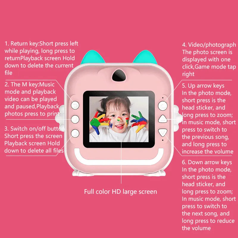 Pink rabbit Kids Instant Print Camera Zero Ink Digital Video Recorder with 32GB Card and 3 Paper Rolls Portable Rechargeable Toy Gift - Image 8