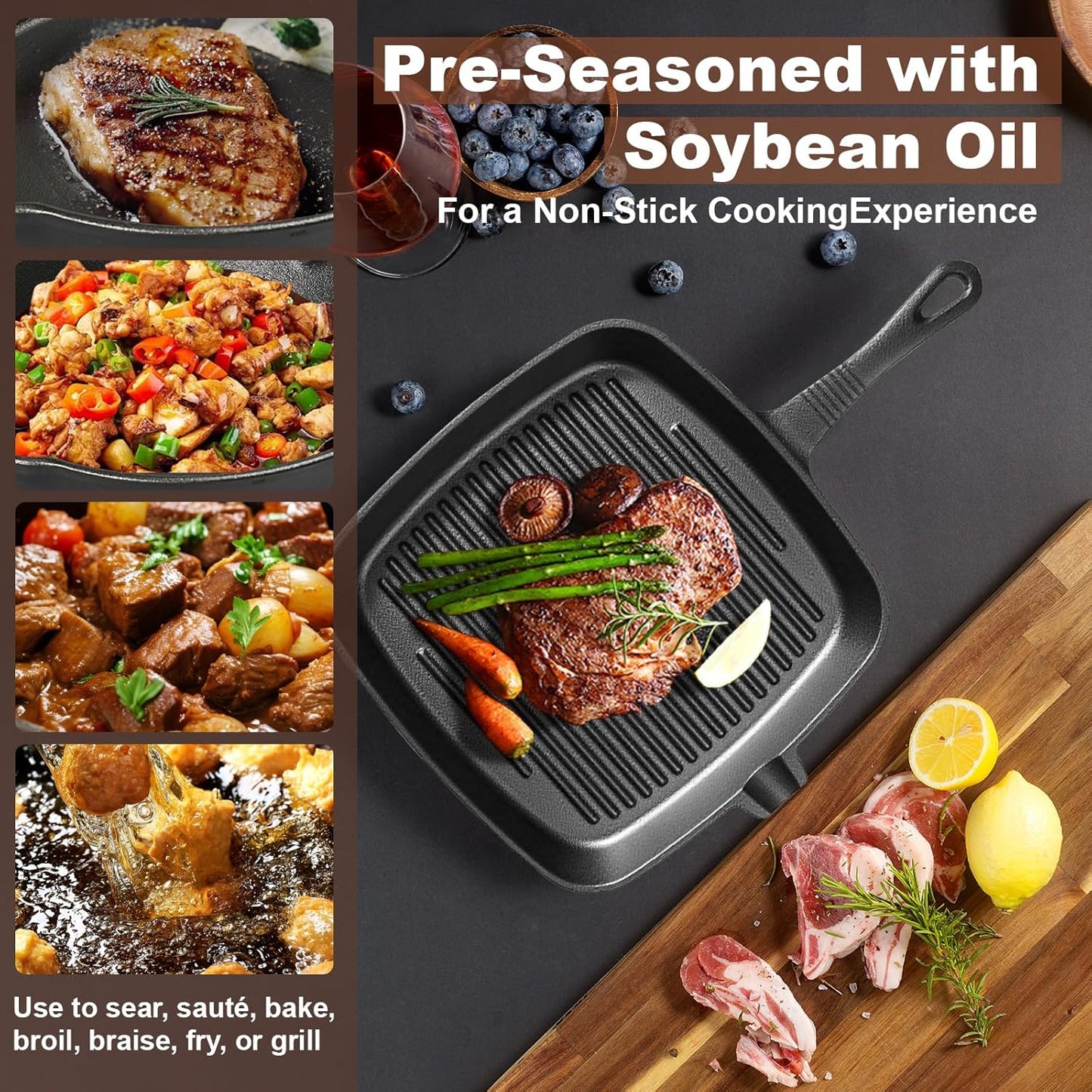 Three-piece set Heavy Duty Cast Iron Skillet & Grill Pan Thickened Vintage Style Cookware for Steak Breakfast & Camping - Image 3