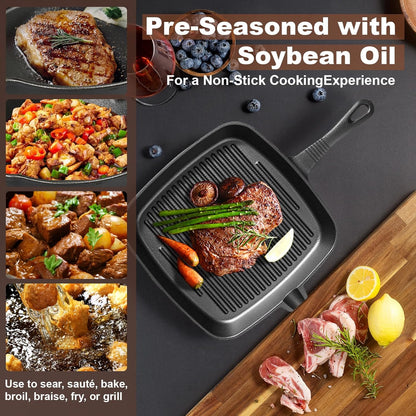 Five-piece set Heavy Duty Cast Iron Skillet & Grill Pan Thickened Vintage Style Cookware for Steak Breakfast & Camping - Image 3