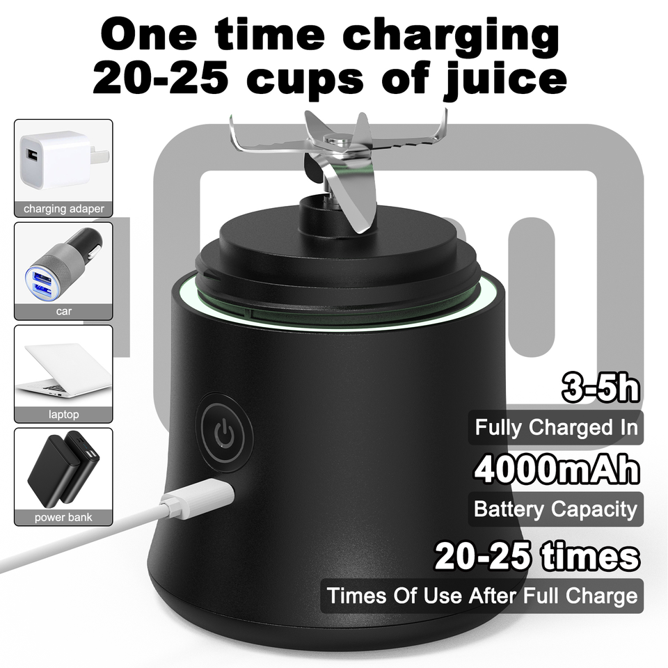 Black Portable Blender 600ml Personal Smoothie Maker USB Rechargeable Juicer Cup with 6 Stainless Steel Blades 4000mAh Battery for Gym Travel and Camping - Image 4