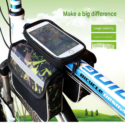 Green Bicycle Top Tube Frame Bag with Detachable Touch Screen Phone Holder Waterproof Double Pouch Cycling Saddle Bag for Mountain Bikes - Image 3