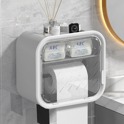Grey Wall Mounted Dual Layer Bathroom Tissue Box Holder with Storage Drawer Waterproof Dispenser for Toilet Paper and Tissues