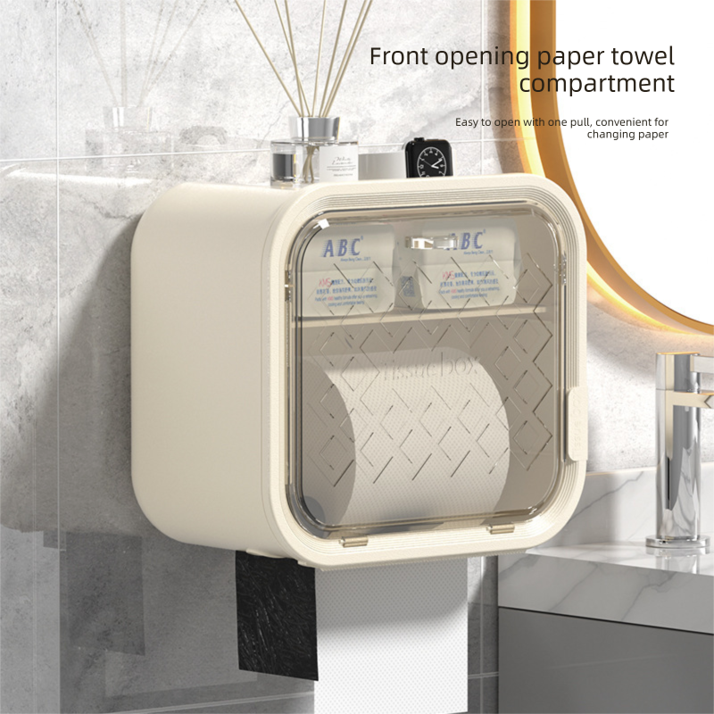 Grey Wall Mounted Dual Layer Bathroom Tissue Box Holder with Storage Drawer Waterproof Dispenser for Toilet Paper and Tissues - Image 2