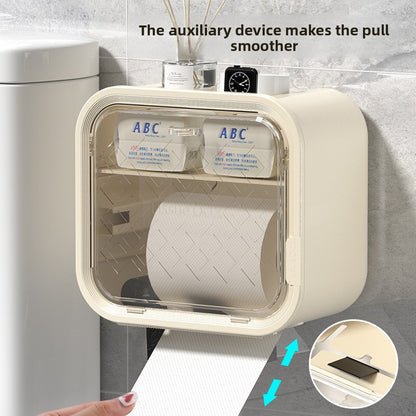 Grey Wall Mounted Dual Layer Bathroom Tissue Box Holder with Storage Drawer Waterproof Dispenser for Toilet Paper and Tissues - Image 4