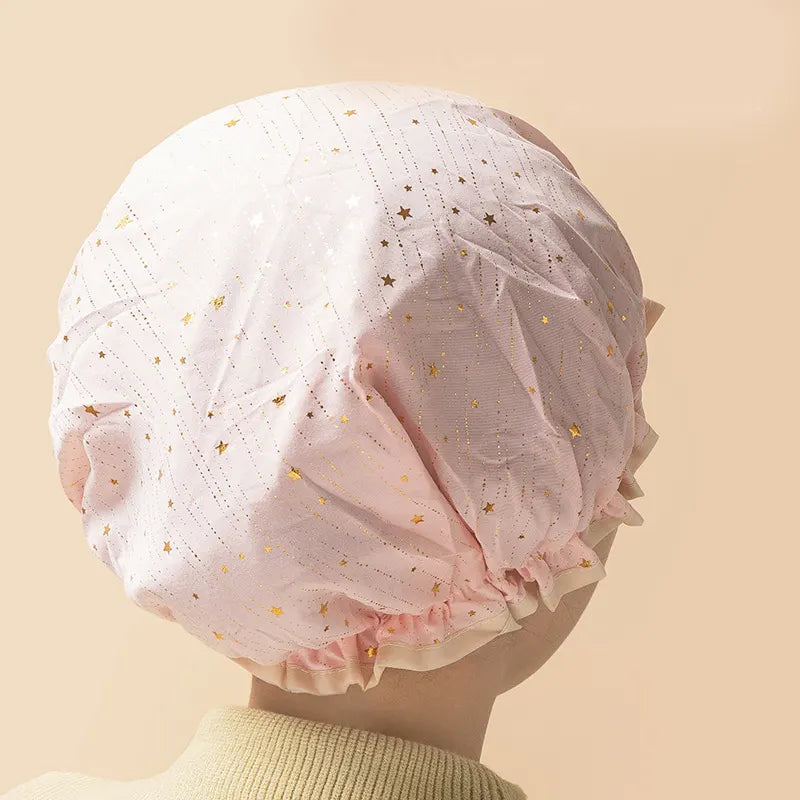 3 Pack Starry sky light pink Double Layer Shower Cap for Women Waterproof Bath Hair Cover Reusable Elastic Hat for Spa Salon and Home Use