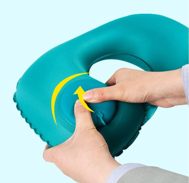 2-PCS Green  Inflatable Travel Neck Pillow Press to Inflate U-Shape Soft Flocking Support Cushion for Airplane Car & Camping Portable Air Pump Design - Image 2