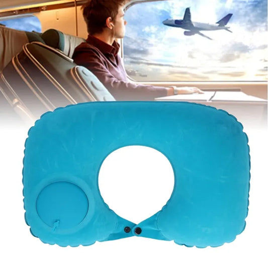 2-PCS Sky blue  Inflatable Travel Neck Pillow Press to Inflate U-Shape Soft Flocking Support Cushion for Airplane Car & Camping Portable Air Pump Design - Image 4