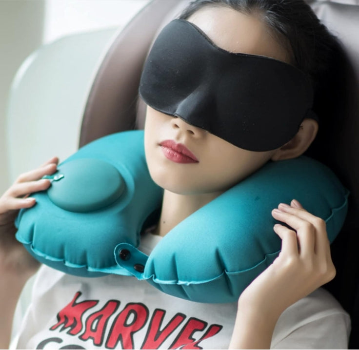 2-PCS Black Inflatable Travel Neck Pillow Press to Inflate U-Shape Soft Flocking Support Cushion for Airplane Car & Camping Portable Air Pump Design - Image 3