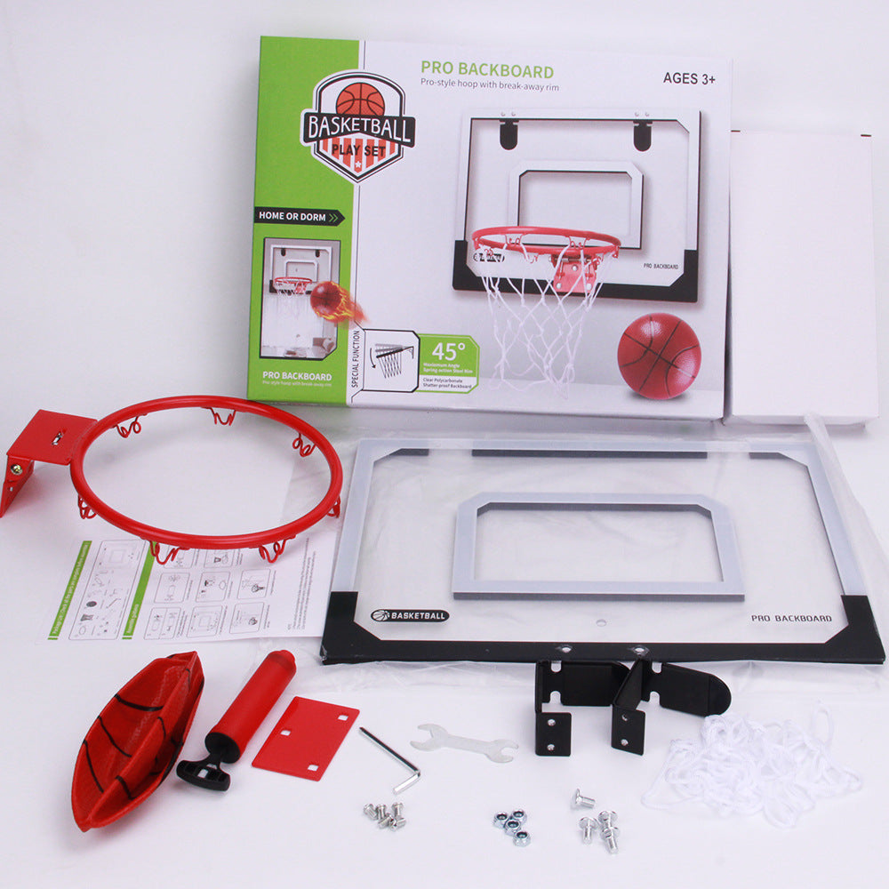 Indoor mini basketball hoop with one 14cm ball Folds flat for door mounting Spring-loaded action with detachable basket Transparent backboard Fun for children and adults in home offices
