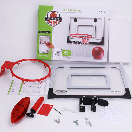 Indoor mini basketball hoop with one 14cm ball Folds flat for door mounting Spring-loaded action with detachable basket Transparent backboard Fun for children and adults in home offices