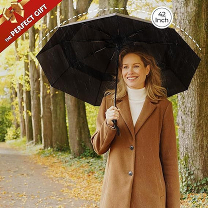 Grey Automatic Windproof Travel Umbrella Compact Folding Umbrella Auto Open and Close with Vented Double Canopy for Rain and Sun - Image 2