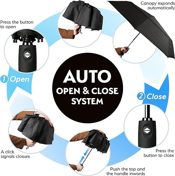 Blue Automatic Windproof Travel Umbrella Compact Folding Umbrella Auto Open and Close with Vented Double Canopy for Rain and Sun - Image 4