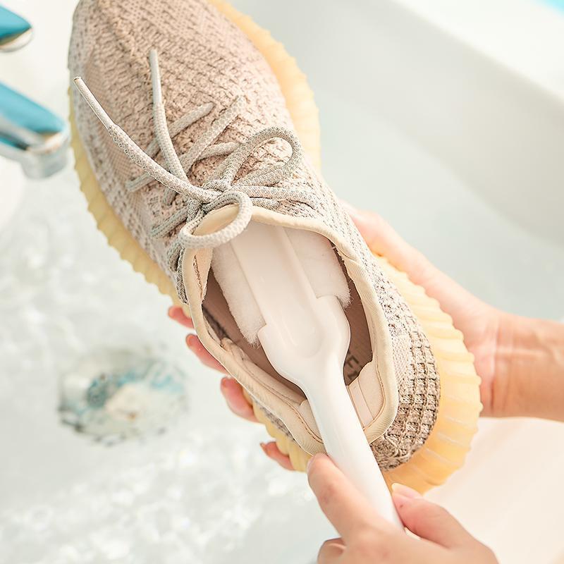 2-PCS White Multifunctional Double Headed Shoe Cleaning Brush with Long Handle Soft Silicone Bristles for Sneaker Upper and Hard Wire Brush for Sole 1 Piece - Image 3