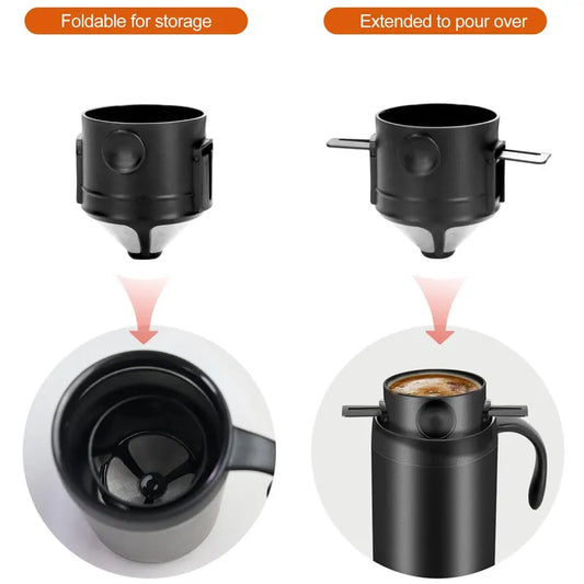 Black Portable Pour Over Coffee Maker Set Insulated Stainless Steel Travel Mug with Reusable Drip Filter and Spoon 3 Piece Kit - Image 2