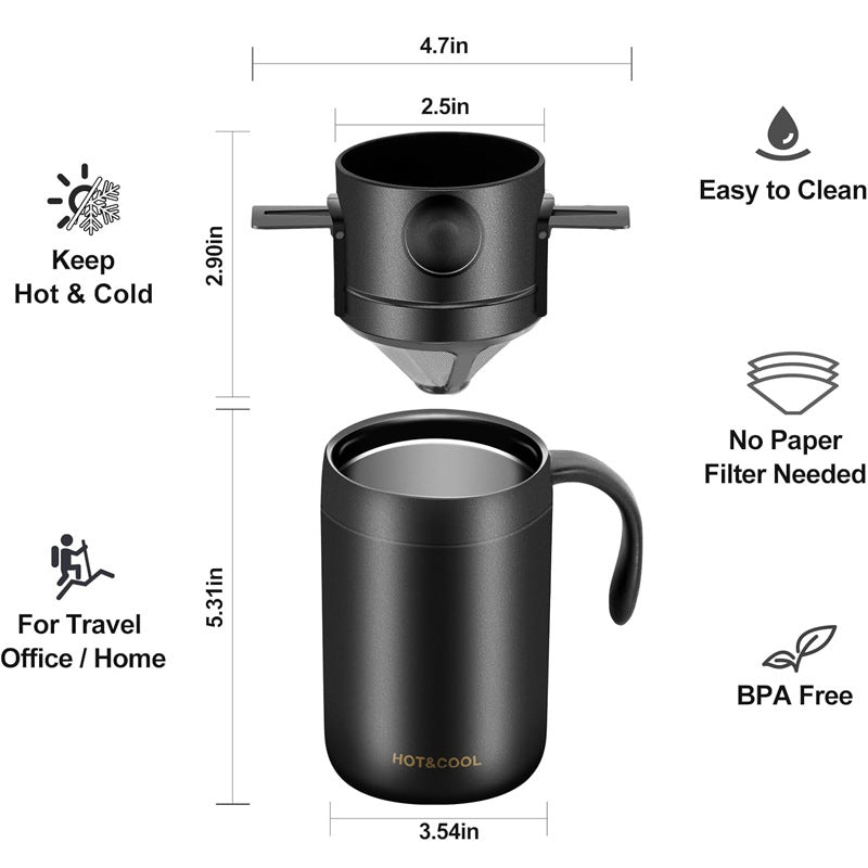 Black Portable Pour Over Coffee Maker Set Insulated Stainless Steel Travel Mug with Reusable Drip Filter and Spoon 3 Piece Kit - Image 4