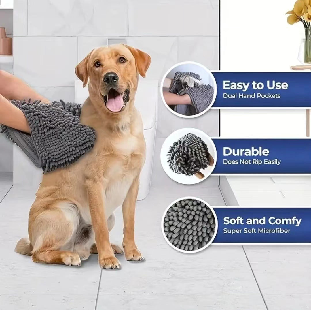 Grey Super Absorbent Pet Bath Towel with Hand Pockets Quick Dry Chenille Microfibre for Dogs and Cats Large Size 62cm - Image 2