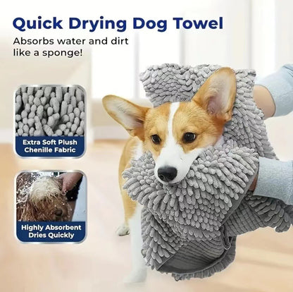 Grey Super Absorbent Pet Bath Towel with Hand Pockets Quick Dry Chenille Microfibre for Dogs and Cats Large Size 62cm - Image 3