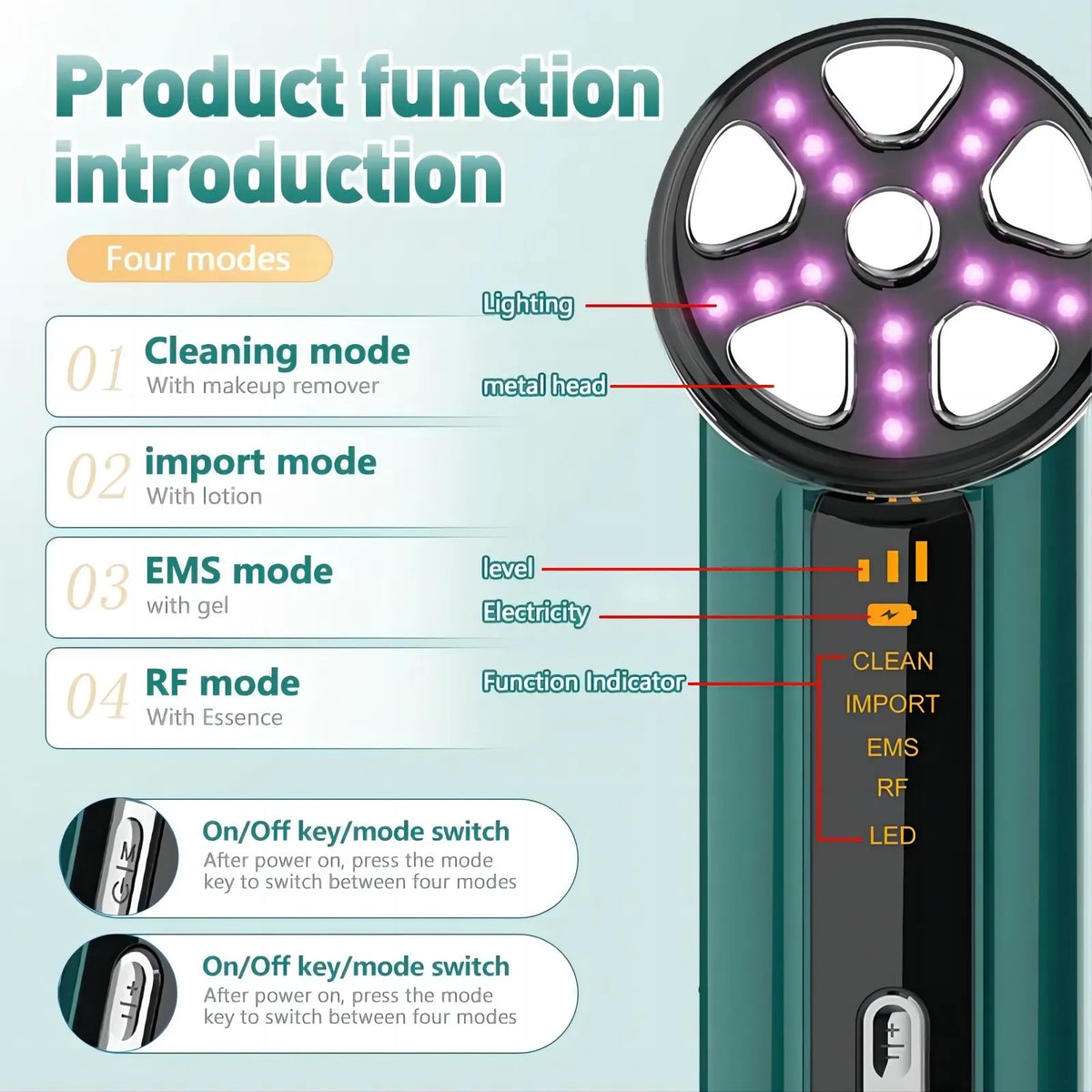 White 4-in-1 RF EMS Facial Beauty Device Skin Tightening and Lifting Massager with LED Light Therapy Anti-Aging Tool for Home Use - Image 4