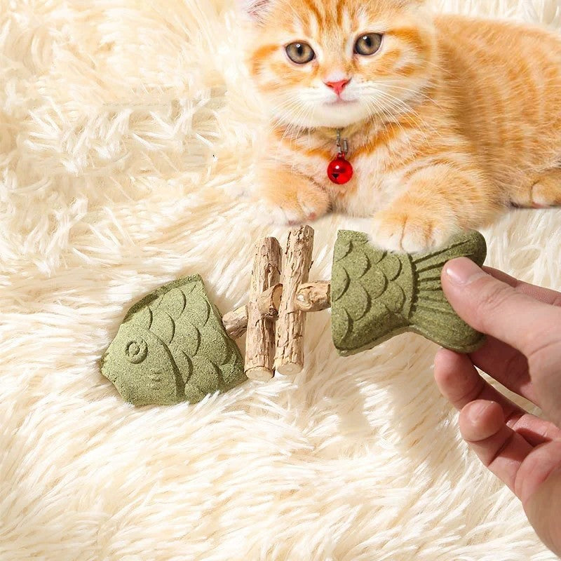 Brown and green 5 Pack Cat Catnip Toys Fish Bone Shaped Silvervine Chew Sticks for Teeth Cleaning and Interactive Play - Image 2