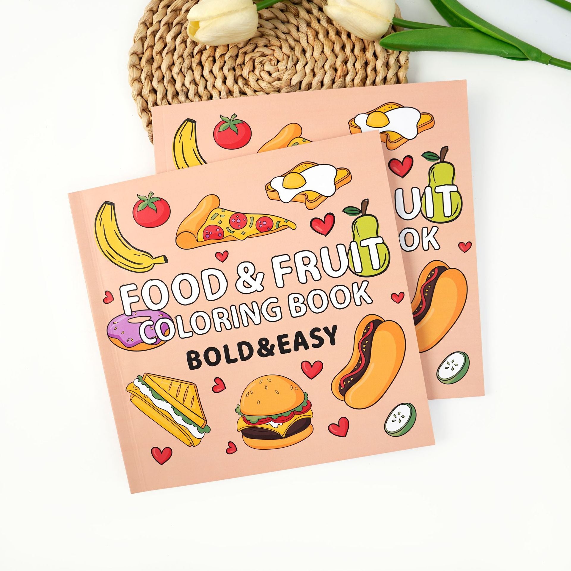 Food & Fruit Coloring Book 40 Pages Bold Lines Easy for Kids Ages 4+ Cartoon Design for Creative Play