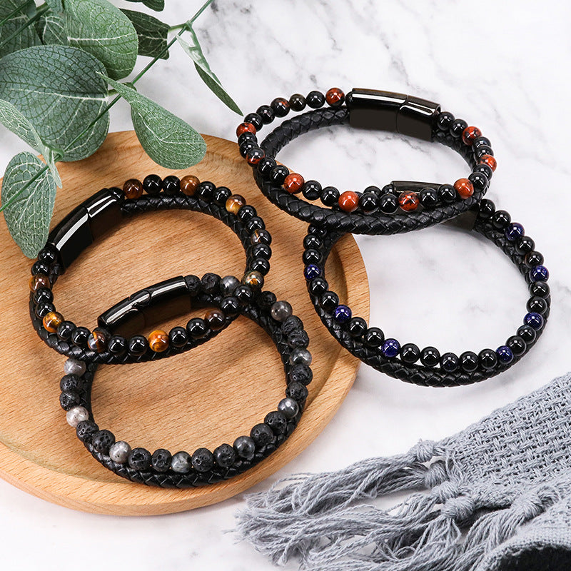 Natural Tiger Eye Stone Men's Leather Bracelet with Magnetic Clasp Beaded Braided Wristband Jewellery Gift 21cm - Image 2