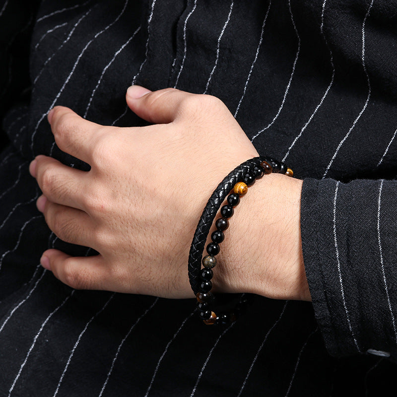 Natural Tiger Eye Stone Men's Leather Bracelet with Magnetic Clasp Beaded Braided Wristband Jewellery Gift 21cm - Image 3