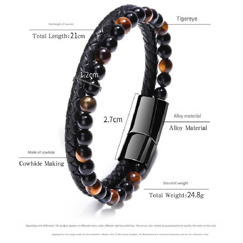 Natural Tiger Eye Stone Men's Leather Bracelet with Magnetic Clasp Beaded Braided Wristband Jewellery Gift 21cm - Image 4
