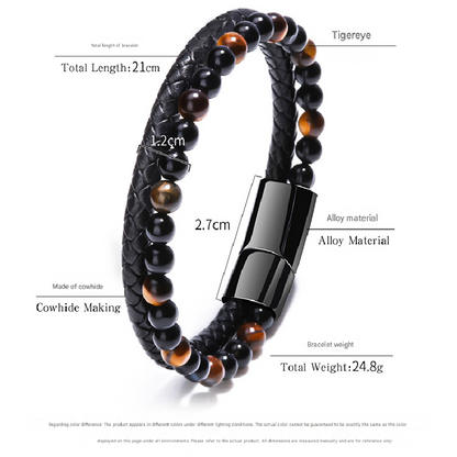 Natural Tiger Eye Stone Men's Leather Bracelet with Magnetic Clasp Beaded Braided Wristband Jewellery Gift 21cm - Image 4